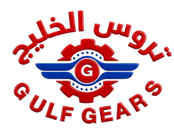 A 3D-rendered logo featuring red Arabic text reading “تروس الخليج” and “GULF GEAR” surrounding a central emblem with a red gear, blue wings, and a red circle containing a white letter G, all on a white background.